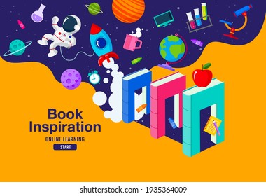 Book Inspiration, Online Learning, study from home, back to school, flat design vector.