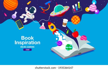 Book Inspiration, Online Learning, study from home, back to school, flat design vector.