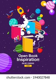 Book Inspiration, Online Learning, study from home, back to school, flat design vector.