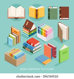 Book Isometric Flat Icons Set. Vector Illustration.