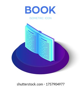Icono isométrico del libro. Abrir libro aislado sobre fondo blanco para el concepto de aprendizaje o lectura. Diseño de plantillas de infografía de educación con libro electrónico. Ilustración vectorial.