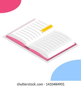 Book in isometric, opened book in isometric with shadow. Vector illustration of isolated book on white.