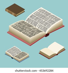 Book isometric set. Open volume isolated. Ancient text. old edition in Hard Cover