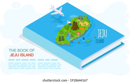 The book of Jeju island. Traveling to korea by landmarks travel magazine in cartoon style with main attractions and inscriptions. Green island in south korea, sea and land entertainment for travelers