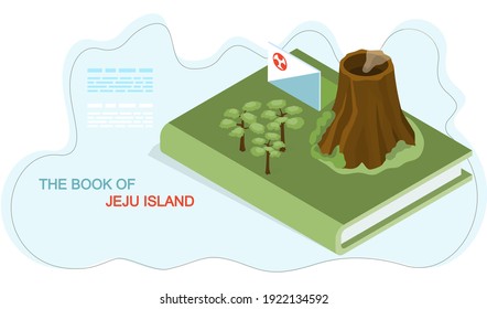 The book of Jeju island. Traveling to korea by landmarks, flyer with dormant volcano and forest main attractions and inscriptions. Green island in south korea, sea and land entertainment for travelers