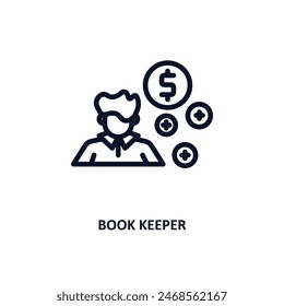 icono de responsable de libro. Icono de guardián de libro de línea delgada de colección de personas. Vector de contorno aislado sobre fondo blanco. El símbolo editable del tenedor del libro se puede utilizar Web y móvil