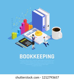 Book keeping isometric composition with charts documentation and accountants during work on blue background vector illustration