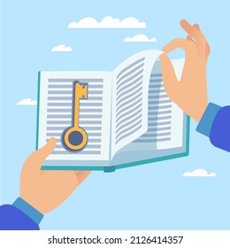 Book is key to knowledge. Education is way to success. Hands holding textbook, finding answers and ways to solve problems, educational and business literature. Vector concept