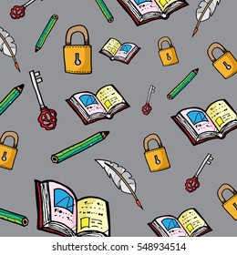 book, key, lock and pencil background vector