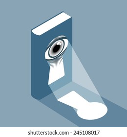 Book with keyhole and eye on the cover and front ray of light