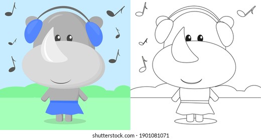 Сoloring book for kids with a cute rhino listening music 