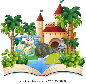 Book with knight and dragon by the castle illustration