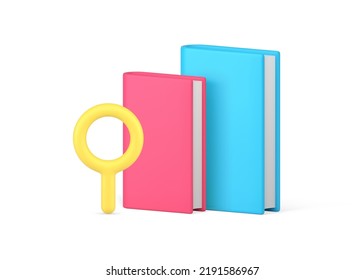 Buchen Sie Wissensinformations-Suche mit Lupe 3D-Symbol Vektorgrafik. Buchhandlung Buchhandlung Veröffentlichungsliteratur Lernen zurück zu Schullehrbuch