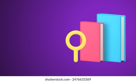 Book knowledge educational information searching with magnifying glass 3d icon vector illustration. Library bookstore publication literature learning back to school university college textbook