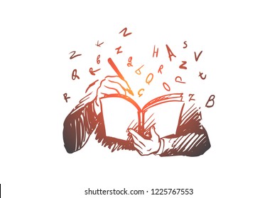 Book, knowledge, student, read, letters concept. Hand drawn person reading book concept sketch. Isolated vector illustration.