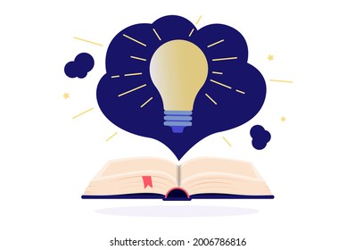Book knowledge vector illustration - Open book with light bulb shining. Metaphor for getting smart from reading books