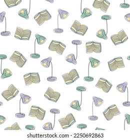 Book and lamp. Continuous line, decor outline, posters, wall art, wrap, stickers, logo. Set of vector illustrations. Seamless pattern.
