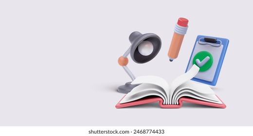 Book, lamp, pencil, clipboard in 3d realistic style isolated on light background. Vector illustration