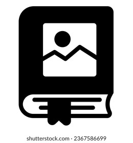 Book with landscape picture and ribbon bookmark solid icon, reading concept, volume vector sign on white background, glyph style icon for mobile concept and web design. Vector graphics