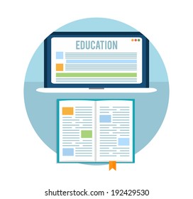 Book with laptop. Education concept in flat design