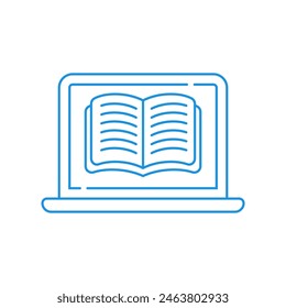 Book with laptop icon with blue linear design. E-book icon 