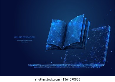 Book and laptop. Low poly wireframe online education blue background or concept with opened book. Digital Vector illustration. Online reading or courses. Abstract polygonal image of notebook on laptop