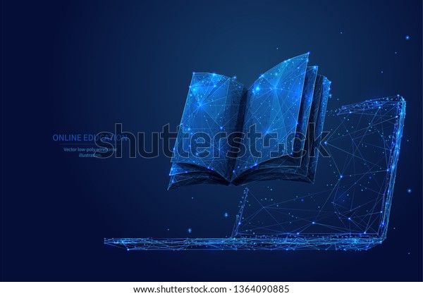 本とノートパソコン 低ポリワイヤフレームのオンライン教育の青の背景 または開いた本のあるコンセプト デジタルベクターイラスト オンラインでの読み物やコース ノートパソコンにノートパソコンの抽象的なポリゴン画像 のベクター画像素材 ロイヤリティフリー