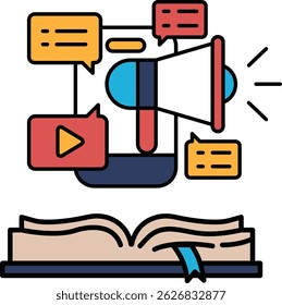 A book with a large red and blue speaker on the cover. The speaker is surrounded by a bunch of speech bubbles