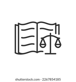 Book of laws. An open book and a scale, linear icon. Line with editable stroke