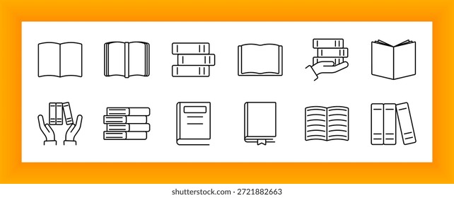 Book layout set icon. Hands holding books, open pages, stacked titles, bookmarks, and library symbols outlined to depict study, education, and organized reading material.