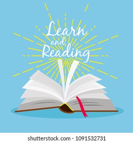 Book learn poster. Open book with gold star linear explosion vector illustration