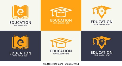 book letter E graduation hat location logo for education and library inspiration logo