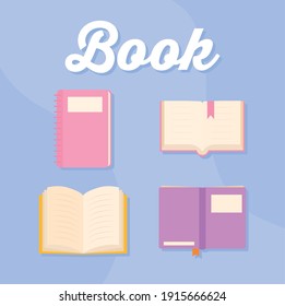 book lettering and set of books icons vector illustration design