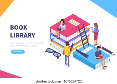 Book library concept banner with characters. Can use for web banner, infographics, hero images. Flat isometric vector illustration isolated on white background.