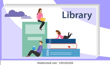 Book library concept banner with characters. Media book library concept. E-book, reading an ebook to study on e-library at school. Book festival concept of a small people reading a open huge book.