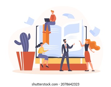 Book library concept. Characters turn pages. Knowledge, selfdevelopment, search for information, wisdom. Hobbies love of reading education. Stories, poetry. Cartoon flat vector illustration