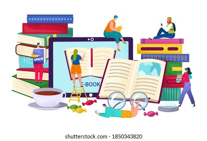 Biblioteca de libros en dispositivo, ilustración vectorial de concepto de educación en internet. Los estudiantes estudian en línea, leen el conocimiento por tecnología informática. La gente aprende ebook escolar en una tableta electrónica.