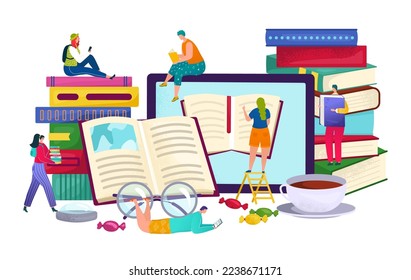 Book library at device, internet education concept vector illustration. Student people study online, read knowledge by computer technology.