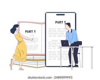 Book library device. Man and woman read ebooks on laptop and tablet. Digital library and bookstore. Knowledge and information. Linear vector illustration isolated on white background
