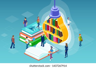 Book library and education concept. Vector of studying, reading literature people of different occupations and a bookshelf in the form of light bulb.