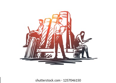 Book, library, education, literature, knowledge concept. Hand drawn people reading books in library concept sketch. Isolated vector illustration.