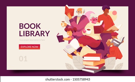 Book Library Horizontal Banner Template With Family Reading Books. Modern Vector Illustration Concept For Family Education, Online Teaching, Learning