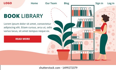 Book Library Horizontal Banner. Young Librarian Woman Holding Pile of Books in Hands Stand near Bookshelf in Reading Book Interior. Secretary Girl with Documents Files Cartoon Flat Vector Illustration