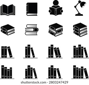 Book and library icons set, Collection of open books and stacked hardcovers with reading materials, bookshelf arrangements for academic study and literary research in solid black style