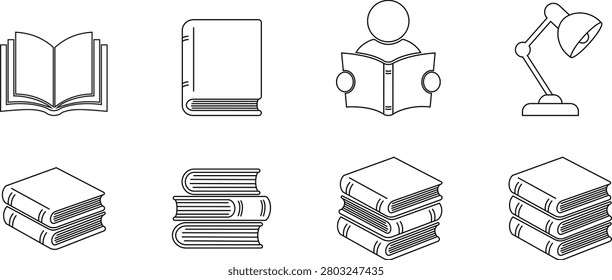 Book and library icons set, Collection of open books and stacked hardcovers with reading materials, bookshelf arrangements for academic study and literary research in outline style