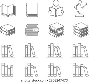 Book and library icons set, Collection of open books and stacked hardcovers with reading materials, bookshelf arrangements for academic study and literary research in outline style