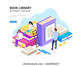 Book library isometric with people.  Internet archive concept and digital learning for web banner. Dictionary, encyclopedia  and literature e library vector illustration.
