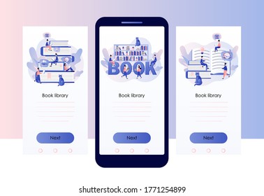 Book library. Literature fans, E-book, media library, learning online. Tiny people reading books. Screen template for mobile smart phone. Modern flat cartoon style. Vector illustration