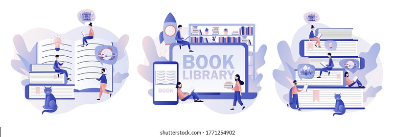 Book library. Literature fans, E-book, media library, learning online. Tiny people reading books. Modern flat cartoon style. Vector illustration on white background