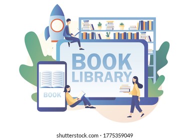 Book library online. Tiny people reading books. Literature fans, E-book, media library, learning online, reading app. Modern flat cartoon style. Vector illustration on white background